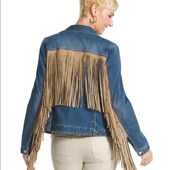 COPY - Chico's Platinum Fringe Denim Jacket - VINTAGE LOOK! NWOT - Picture 7 of 11